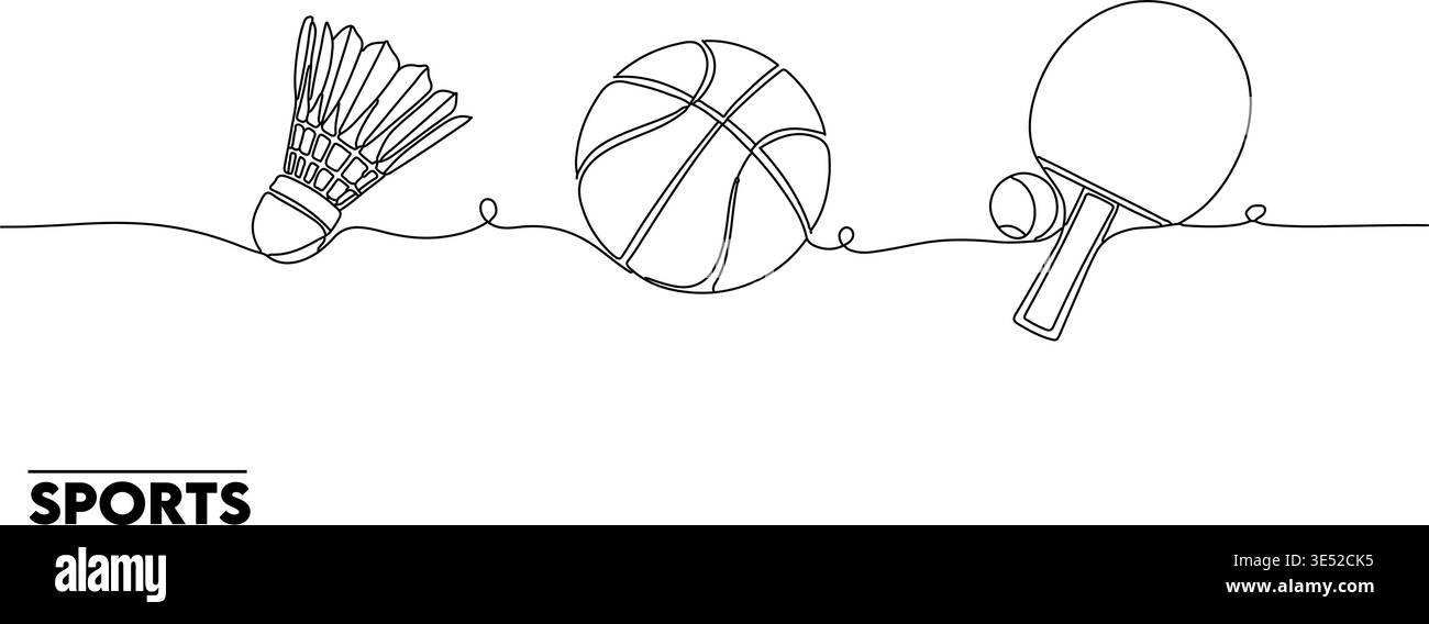 L'illustration vectorielle minimaliste représente des équipements sportifs, y compris un volant, un basket-ball et une pagaie de tennis de table avec une balle, dessinés dans un unique moderne. Illustration de Vecteur