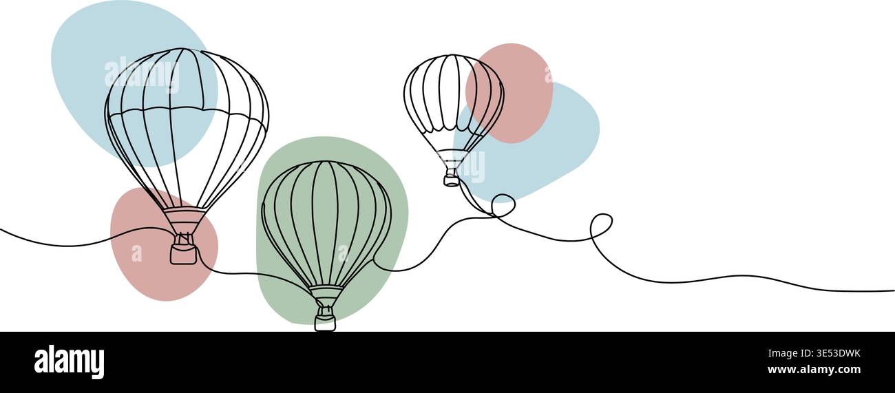 L'illustration graphique vectorielle d'art en ligne continue présente trois montgolfières flottant gracieusement sur des formes abstraites pastel douces. Illustration de Vecteur
