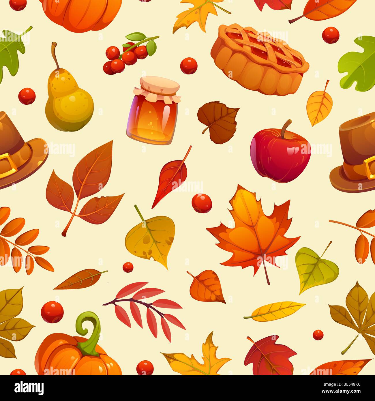 Fond de modèle sans couture de Thanksgiving et de récolte d'automne. Conception vectorielle riche avec érable, rowan, bouleau, feuilles de tilleul, baies, poires, tarte aux pommes, citrouilles et chapeau de pèlerin pour le textile de cuisine Illustration de Vecteur