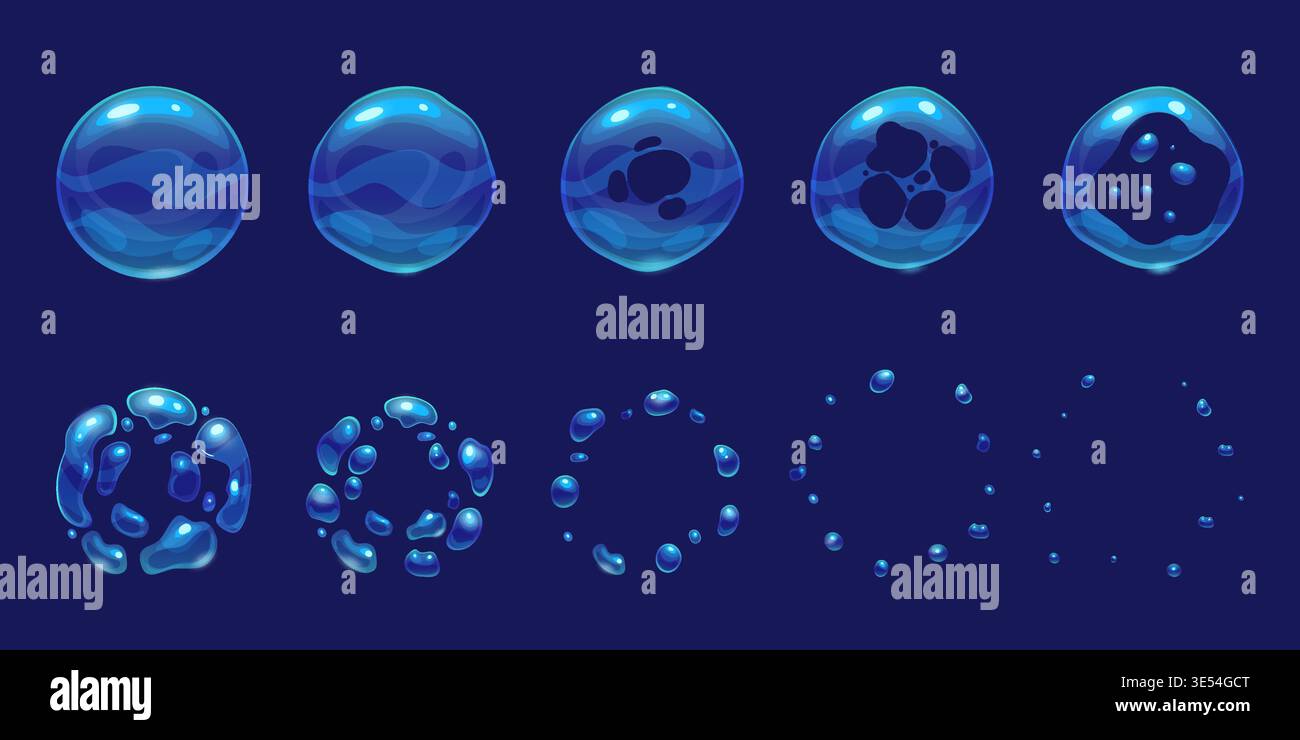 Animation de bulles de savon. Explosion de bulles de mousse, séquence d'éclatement de boule d'eau animée exploser sphère liquide effet splash sprite feuille cercle jeu de bande dessinée illustration vectorielle ingénieuse illustration illustration originale Illustration de Vecteur