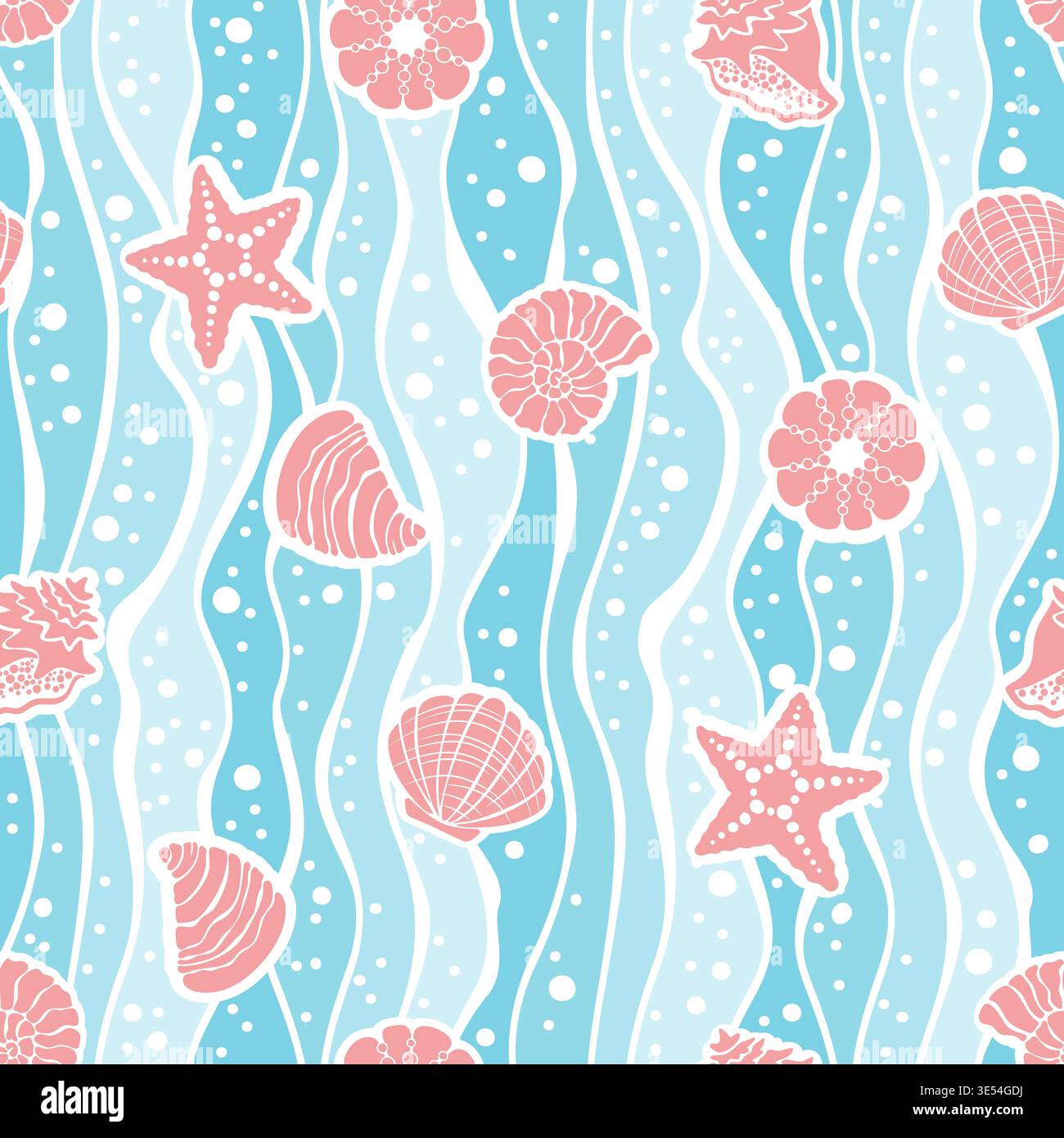 Motif océan sans couture avec coquillages étoiles de mer et vagues dans des tons pastel bleus, fond marin doux avec des lignes fluides et des éléments rose corail sur bleu Illustration de Vecteur