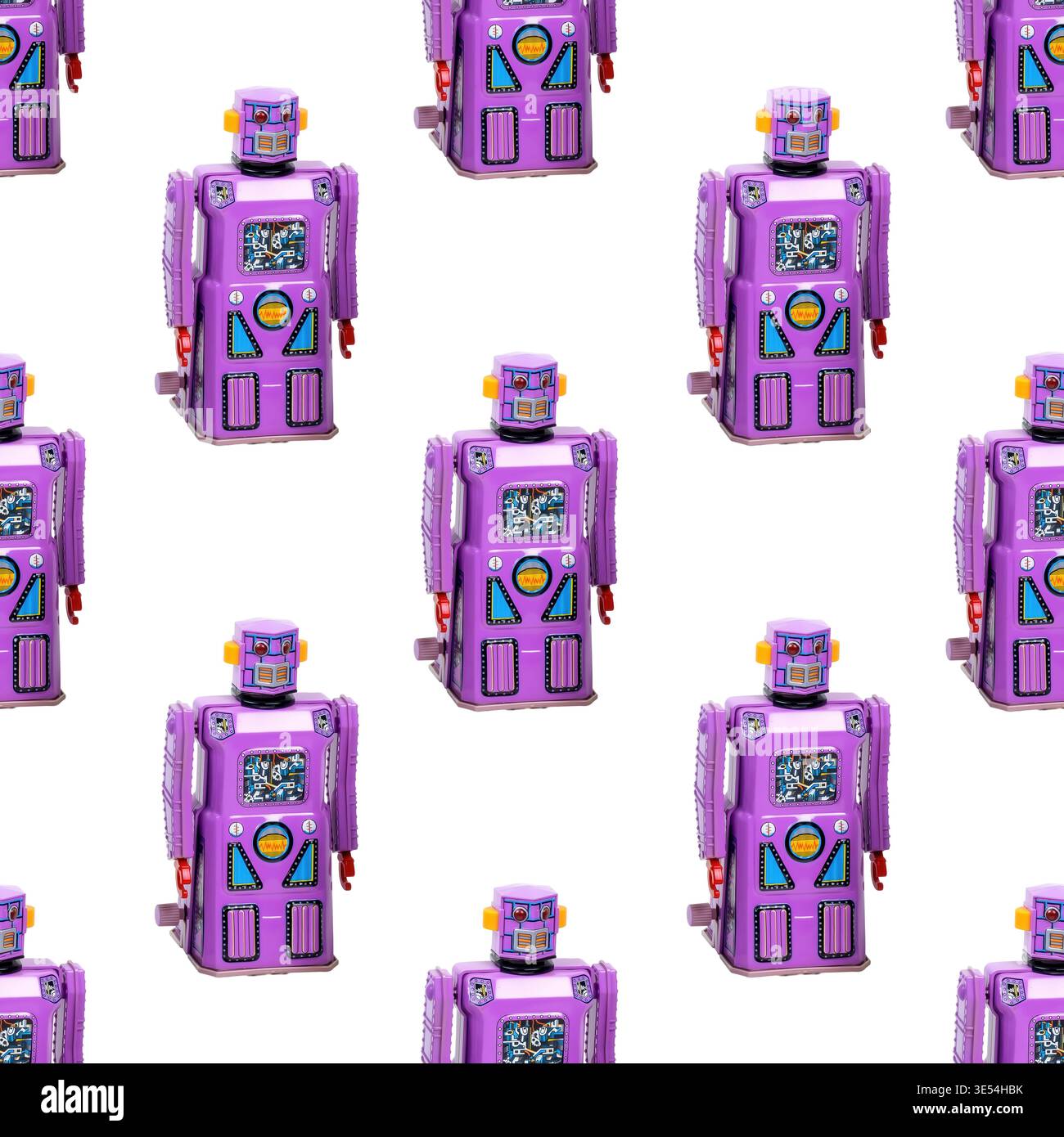 Arrière-plan de modèle sans couture de robots de jouets rétro violets Banque D'Images