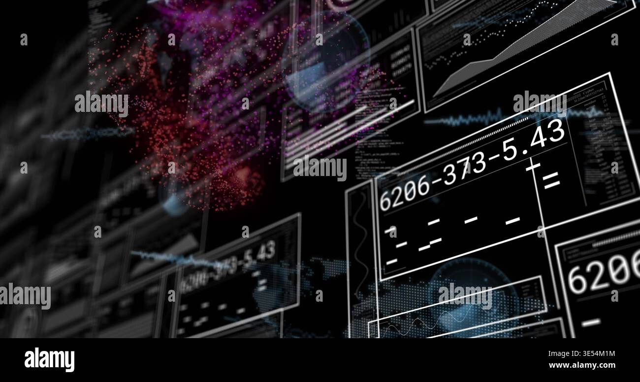 Affichage des panneaux HUD translucides s'éloignant à droite dans l'espace sombre, indiquant 6206-373-5 Banque D'Images