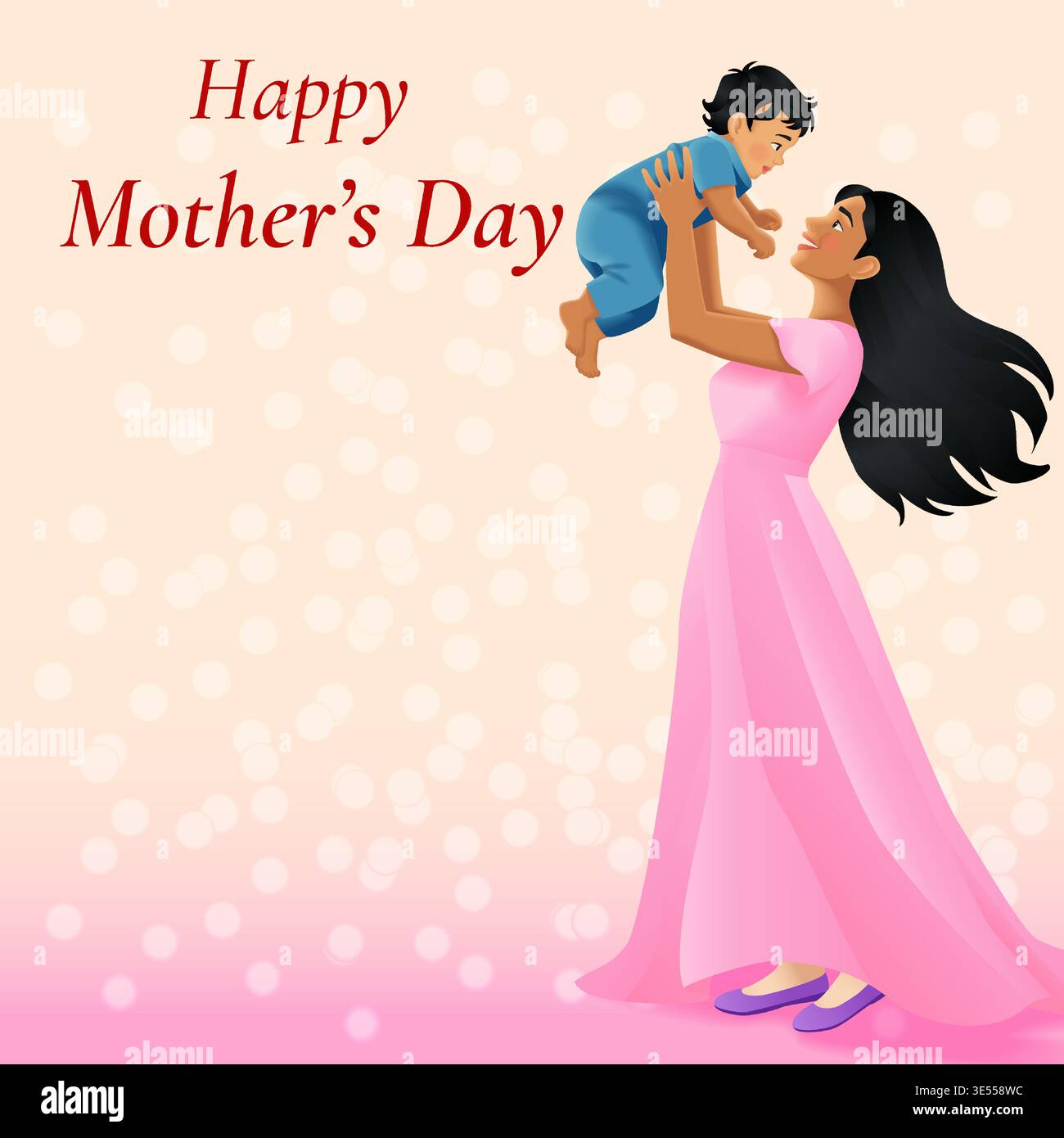 Illustration vectorielle carrée de fête des mères heureuses avec mère indienne tenant bébé sur fond bokeh et espace de copie. Illustration de Vecteur