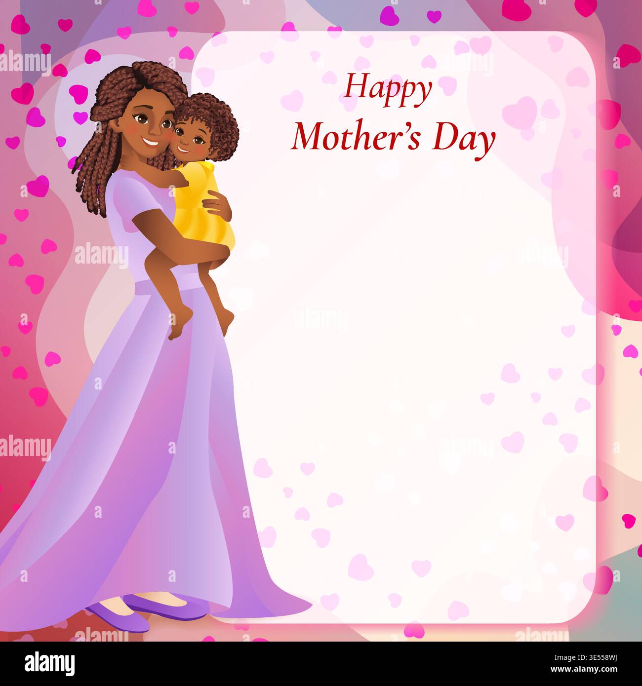 Illustration vectorielle carrée de fête des mères heureuses avec mère africaine tenant le tout-petit avec amour sur fond avec des coeurs roses et un espace de copie. Illustration de Vecteur