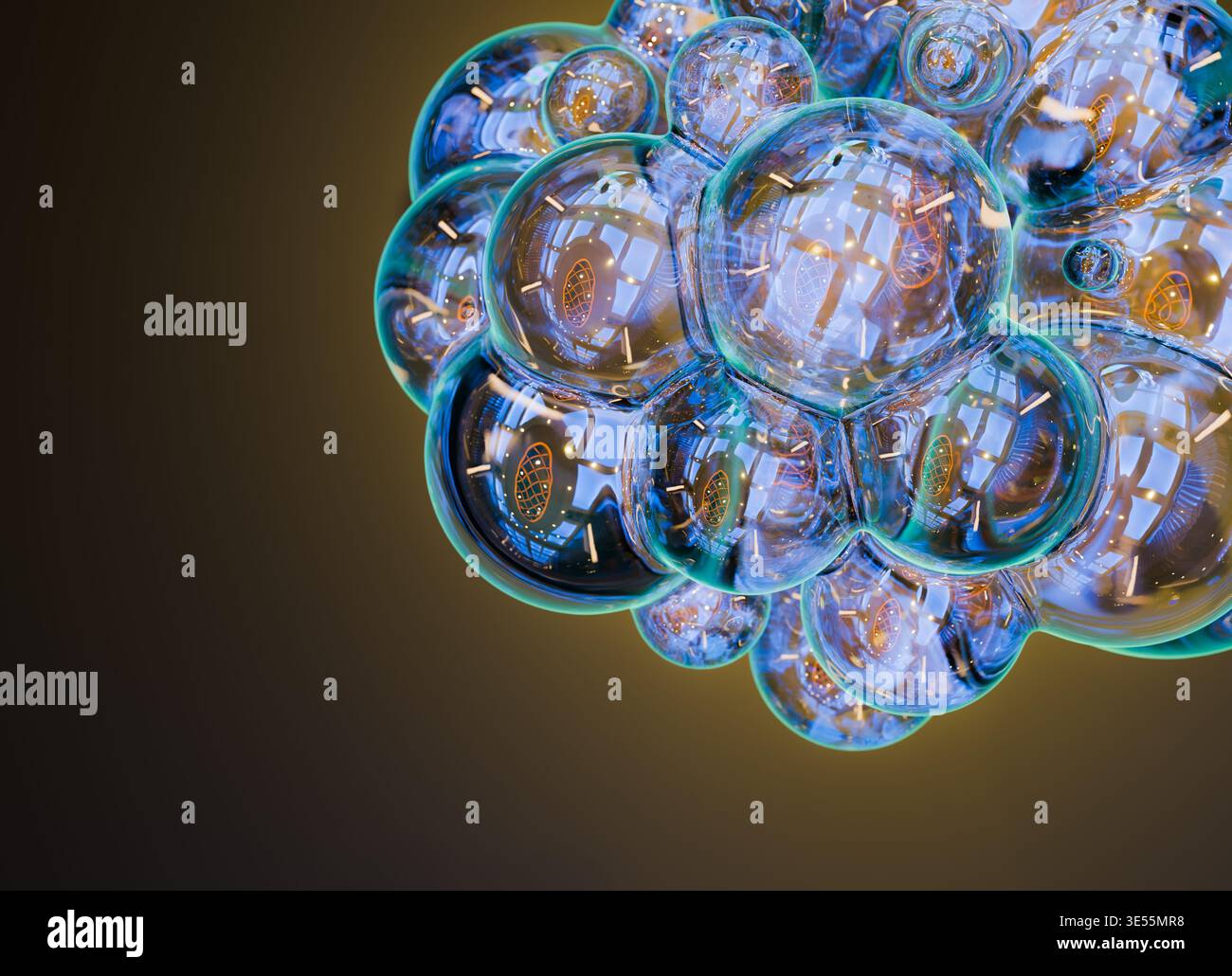 Rendu 3D d'un cluster abstrait de verre liquide composé de sphères transparentes interconnectées avec des surfaces hautement réfléchissantes. Banque D'Images