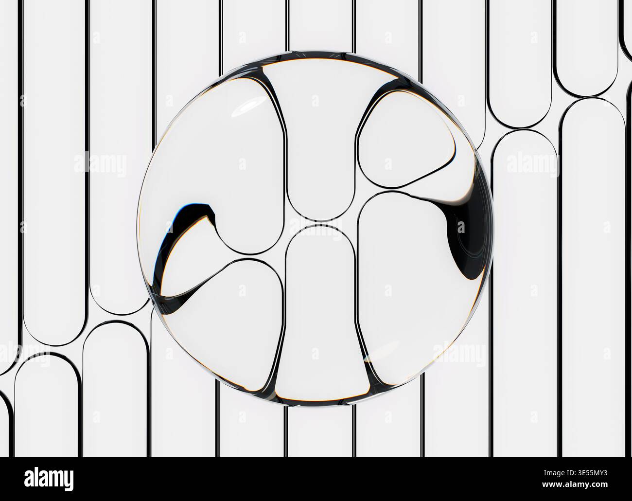 Rendu 3D d'une composition abstraite avec une sphère de verre liquide transparente placée sur un fond de motif de ligne géométrique propre. Banque D'Images