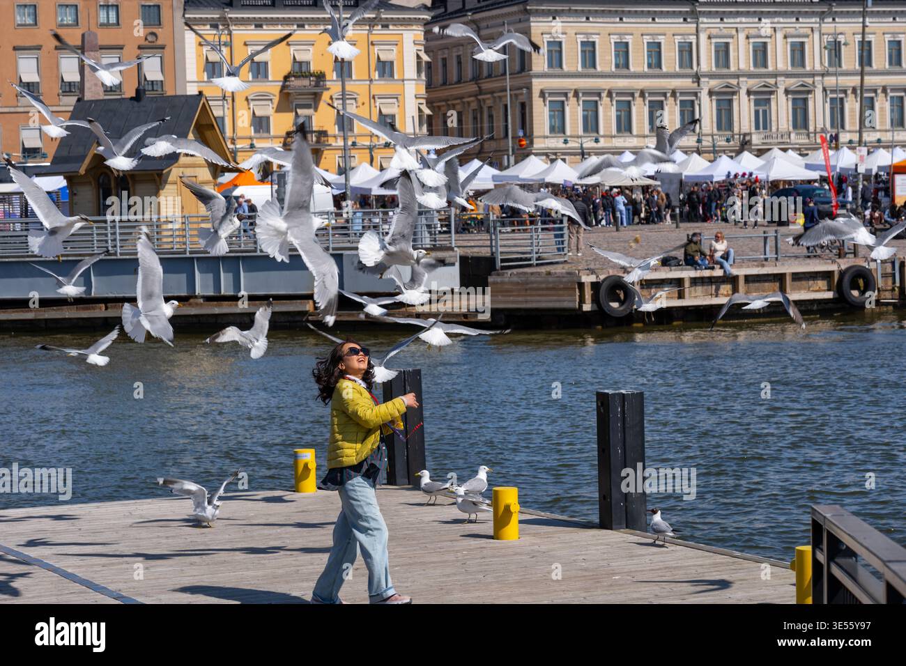 Ville d'Helsinki en Finlande. Femme touristique asiatique se nourrissant et s'amusant avec un troupeau de mouettes au port d'Helsinki. Banque D'Images