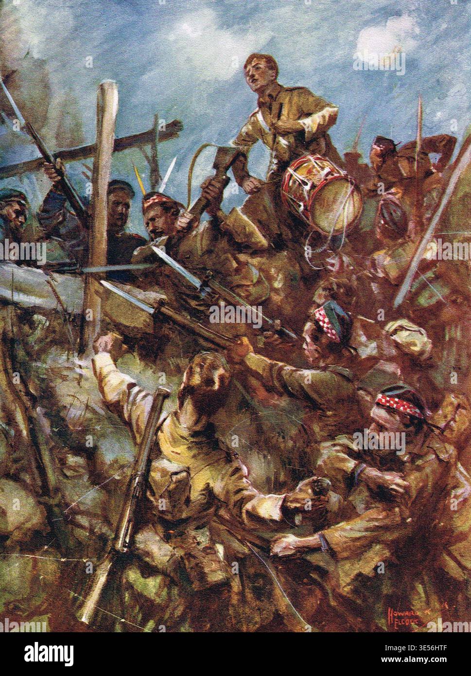 Batteur W. Ritchie debout sur le parapet de l'ennemi pour Sound the charge, pendant la bataille de la somme, le 1er juillet 1916 Banque D'Images