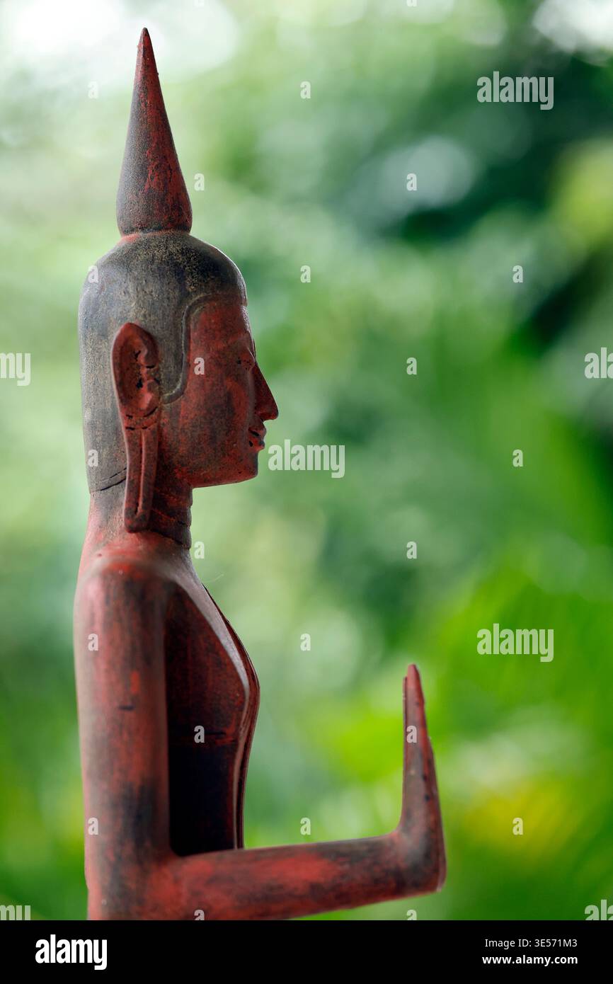 Ancienne figure de Bouddha en bois rouge debout avec la main levée dans un jardin vert luxuriant. Siem Reap. Cambodge. Banque D'Images