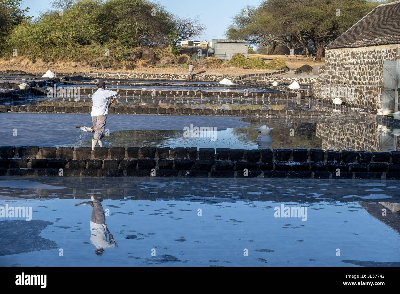 Travail à Yemen Salt Pans, Maurice Banque D'Images