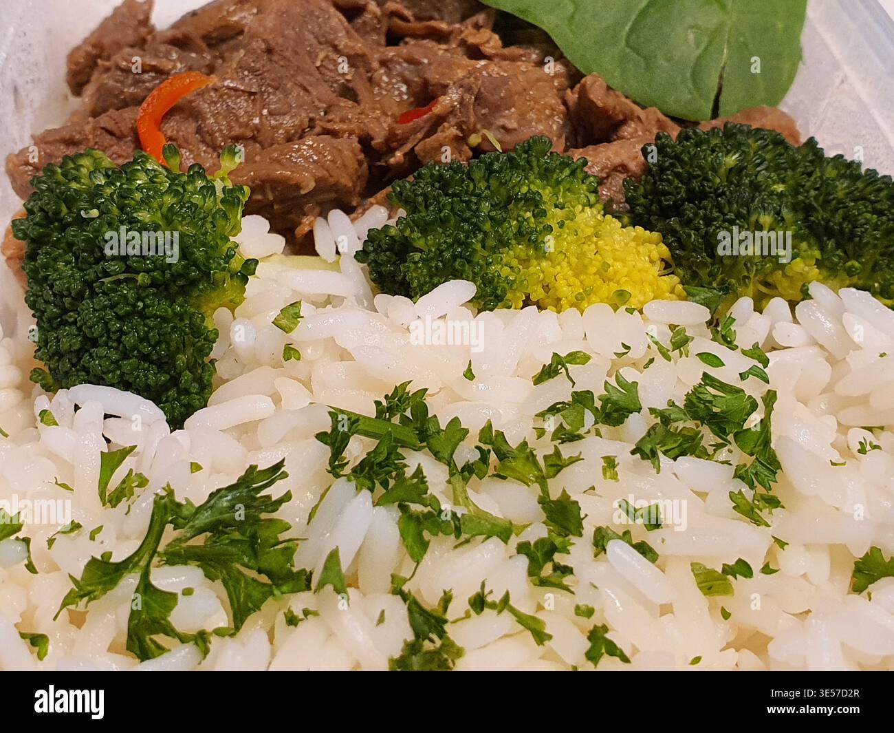 Une photographie rapprochée d'un repas préparé à l'asiatique servi dans un contenant jetable blanc. Le plat comprend du riz blanc moelleux garni de Banque D'Images