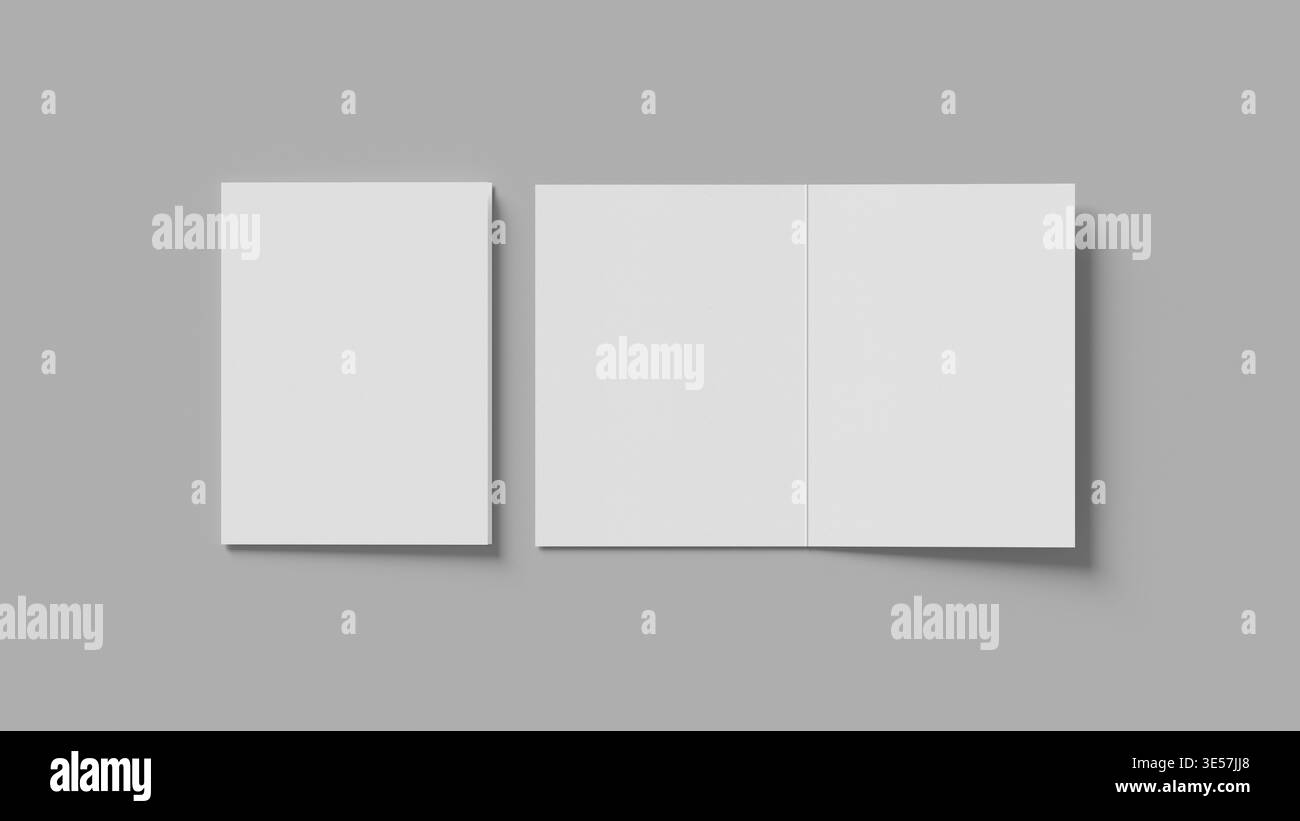 Maquette de brochure pliée bi avec texture de papier blanc sur fond gris clair avec une mise en page élégante et un espace négatif pour la marque et la publication visu Banque D'Images