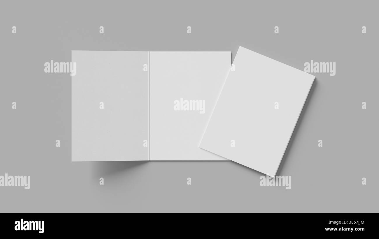 Maquette de brochure pliée bi avec texture de papier blanc sur fond gris clair avec composition propre et espace négatif, parfait pour les entreprises et ed Banque D'Images