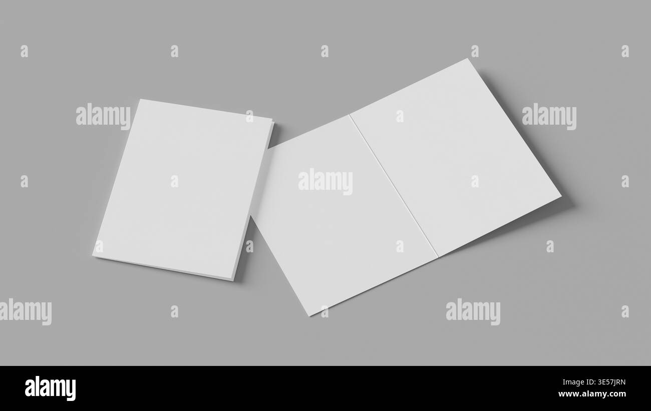 Maquette de brochure pliée bi sur fond gris clair avec texture de papier blanc, mise en page moderne et espace négatif, idéal pour la marque d'entreprise et editori Banque D'Images