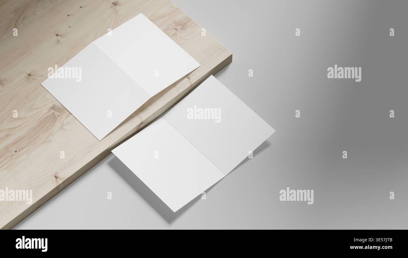 Maquette de brochure pliée bi sur fond de bois clair avec texture de papier blanc, composition équilibrée et espace négatif, parfait pour éditorial et Banque D'Images