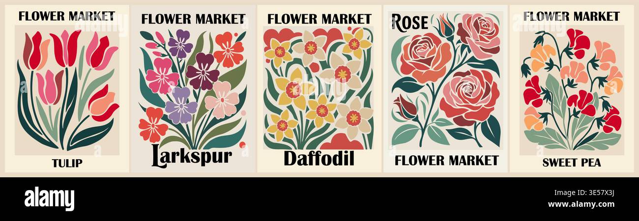 Ensemble d'affiches d'art rétro du marché des fleurs Illustration de Vecteur