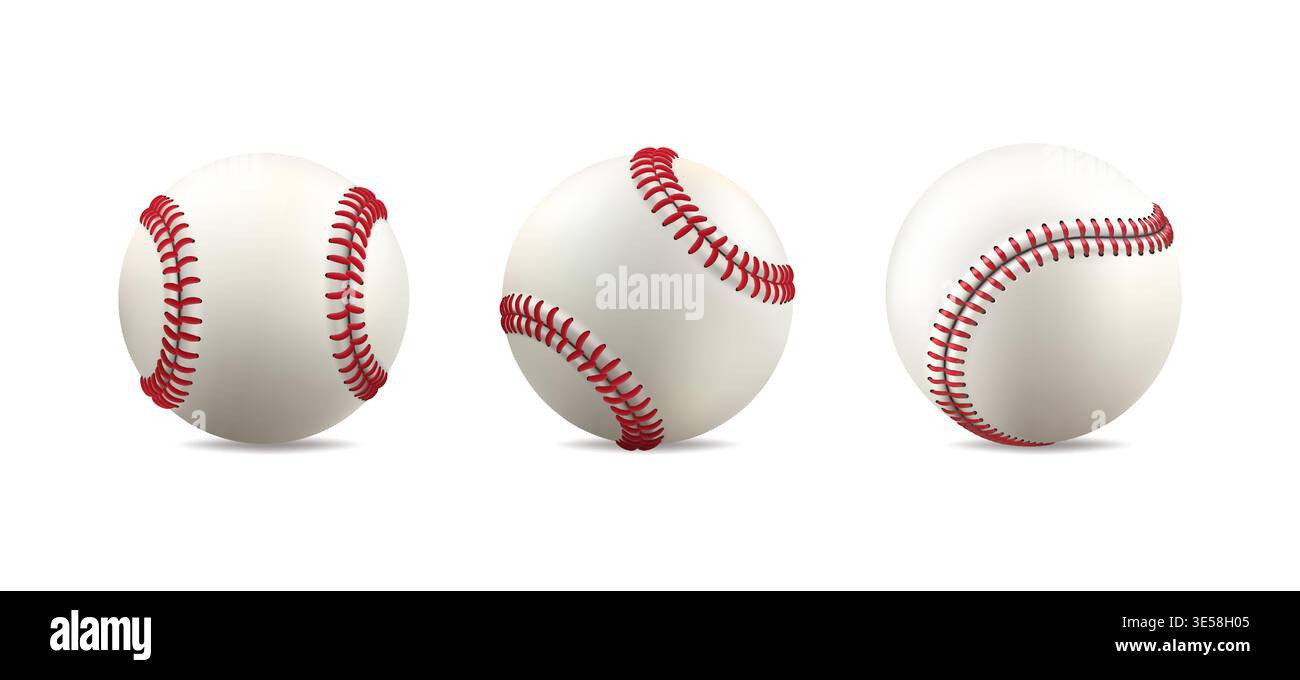Clipart de base-ball. Ensemble de softball en cuir blanc, ligne vintage de points rouges. maquette de vecteur isolé 3d. Logo de l'équipe de la maquette de l'équipement du joueur Illustration de Vecteur