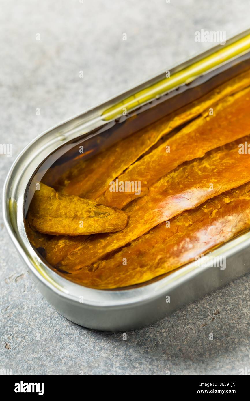 Anchois de Tinner bio maison dans l'huile prêt à manger Banque D'Images