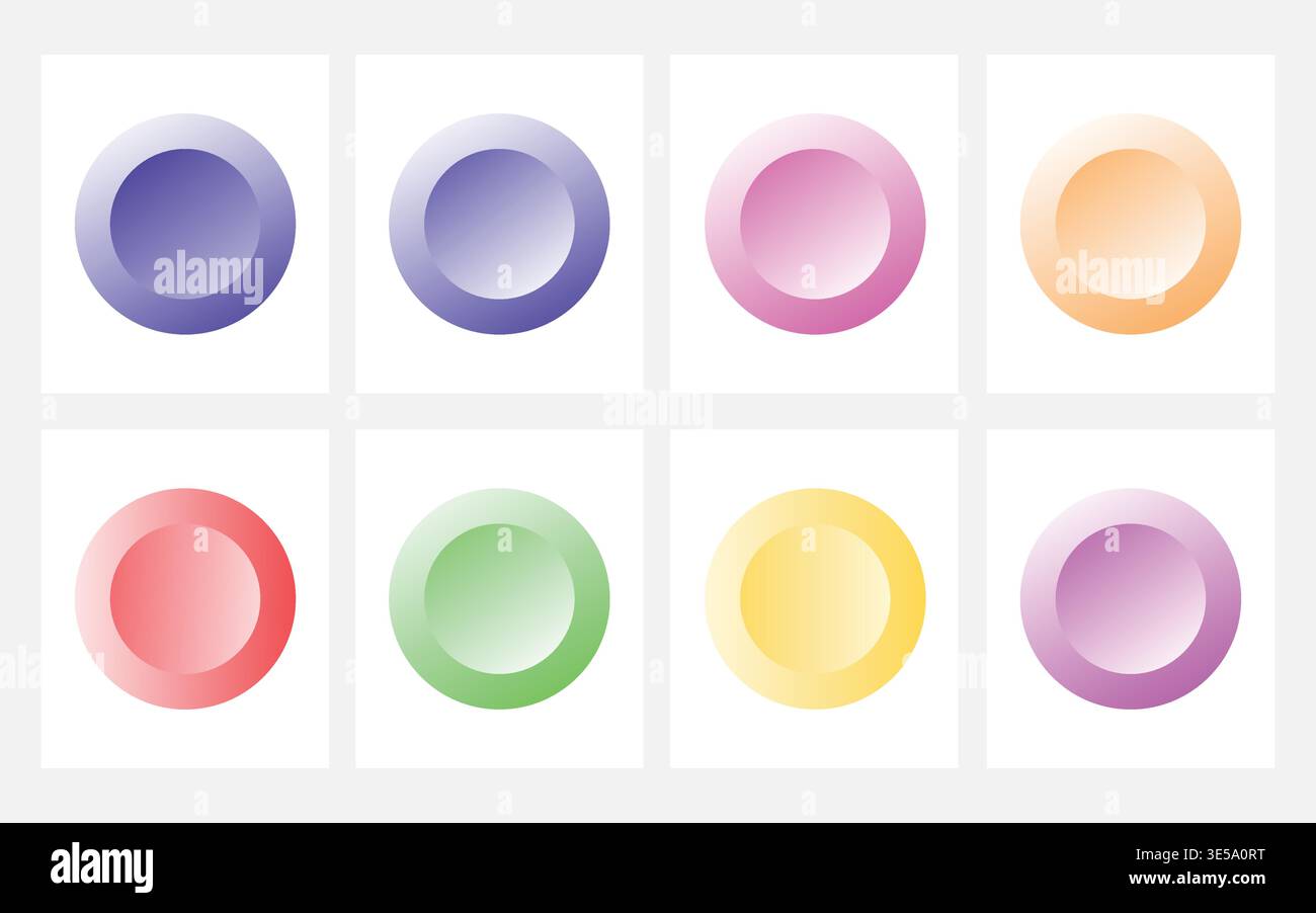 Boutons Web ronds 3D colorés brillants avec effet de verre brillant en vert orange et jaune pour la conception d'interface de site Web moderne. Cercles dégradés Illustration de Vecteur