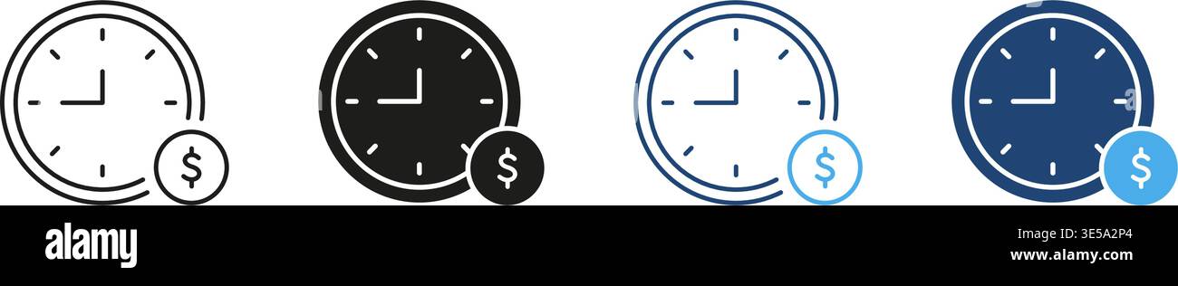 Horloge avec icône Dollar coin. Gestion du temps, planification financière et rentabilité et collection de symboles Silhouette. Stratégie commerciale Illustration de Vecteur