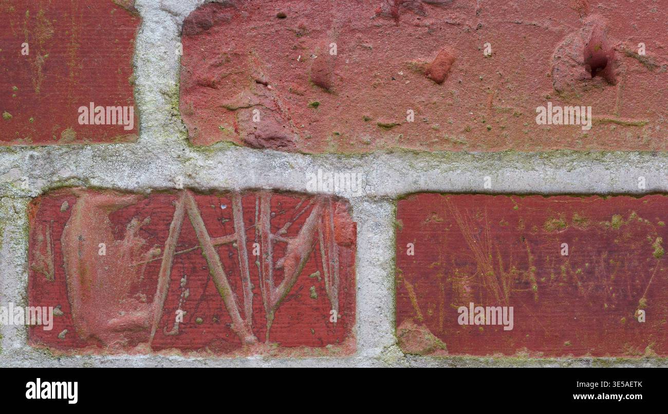 Mur de briques, lettre et ciment avec écriture sur la structure de construction en béton pour la mémoire ou l'empreinte. Vide, espace et construction avec blocs rectangulaires Banque D'Images