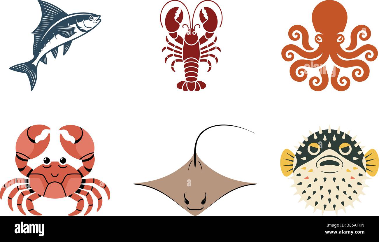 Un ensemble d'illustrations colorées mettant en scène divers animaux marins, notamment des poissons, un homard, une pieuvre, un crabe, une raie et un poisson-poireau. Illustration de Vecteur