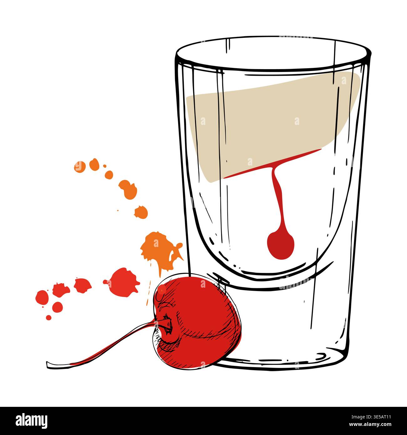 Crème et caramel superposés mamelon glissant dans le verre shot avec l'accent de cerise, éclaboussure de jus dans le vecteur, contour dessiné à la main à l'encre. Illustration plate isolée Illustration de Vecteur