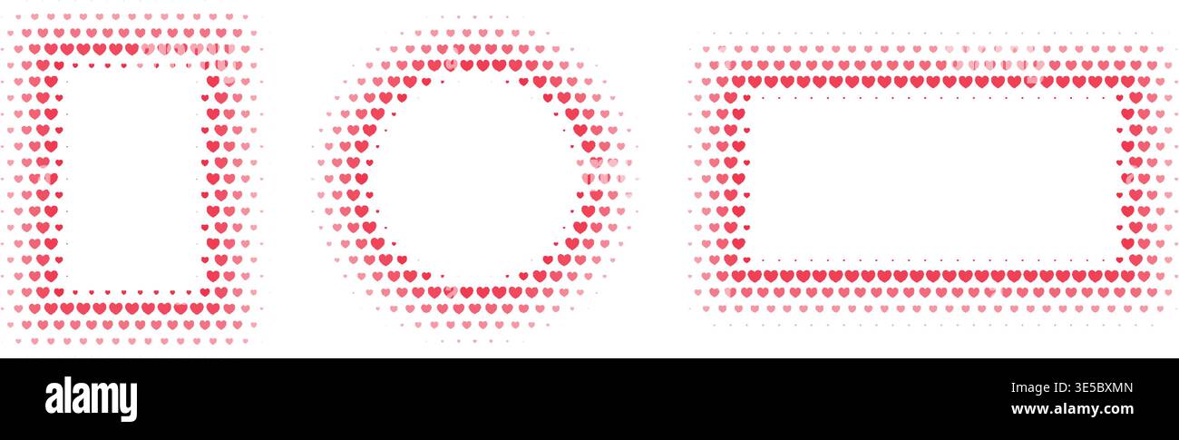Bordures de demi-teintes rectangulaires et circulaires avec motifs cardiaques. Montures avec dégradés en pointillés, effets de style comique et décorations romantiques de la Saint-Valentin pour des designs tendance. Illustration de Vecteur