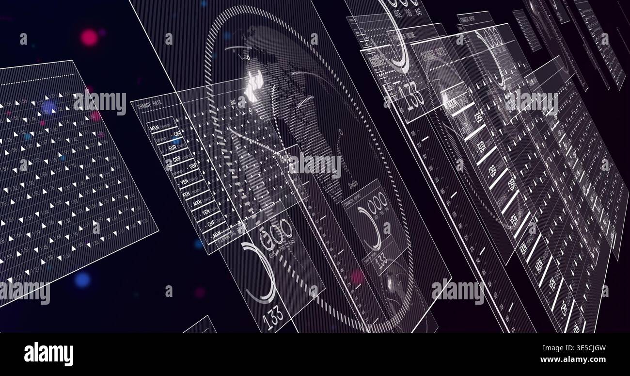 Affichage de panneaux holographiques centrés occupant l'espace virtuel 3D, avec globe, graphiques, compteurs Banque D'Images