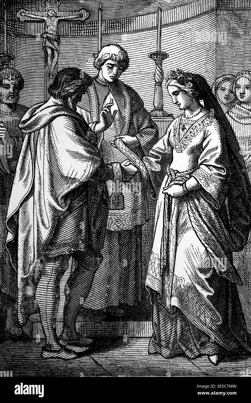 Illustration d'un couple se mariant avec Handfasting rituel où ils attachent un ruban ou une corde autour des mains du couple pour symboliser leur Union fro Banque D'Images