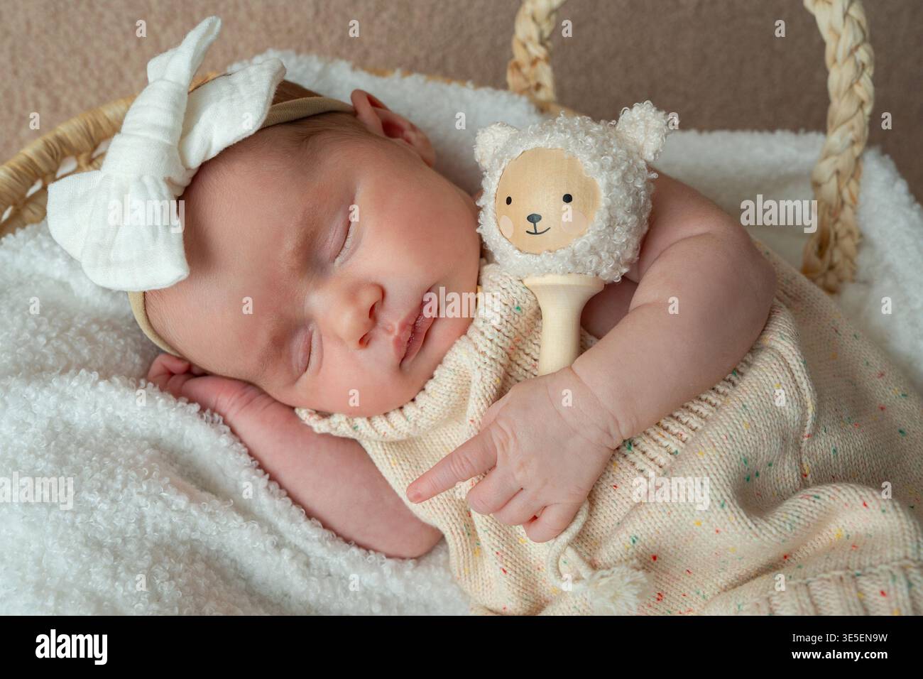 Bébé nouveau-né paisible dormant tout en tenant un jouet en peluche doux. Tons neutres confortables, lumière naturelle et atmosphère tendre. Concept d'amour, de soins Banque D'Images