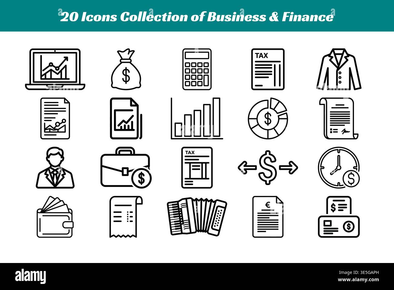 Cette image présente un ensemble diversifié de vingt icônes liées aux affaires et à la finance. Chaque icône représente différents éléments tels qu'une transaction financière Illustration de Vecteur
