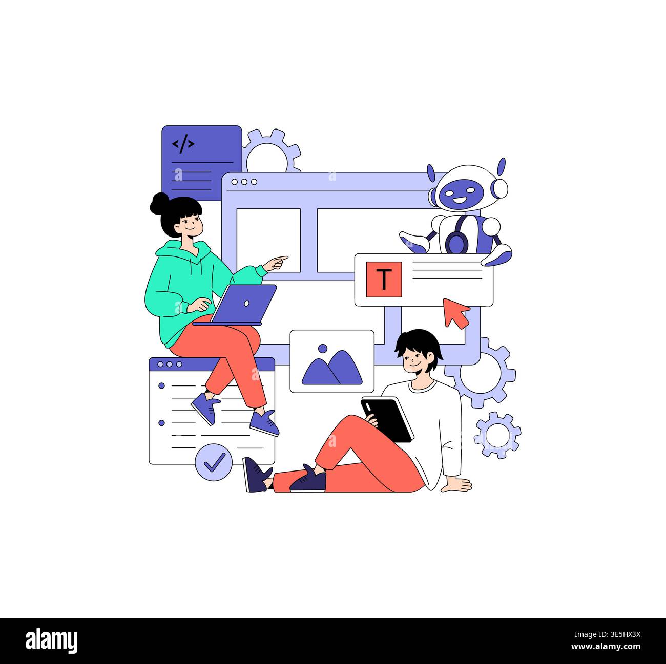 Illustration vectorielle mettant en scène deux personnes collaborant avec un robot sur une interface numérique. Une personne pointe vers l'écran tandis que l'autre prend des notes illustrant le travail d'équipe et la technologie. Illustration de Vecteur