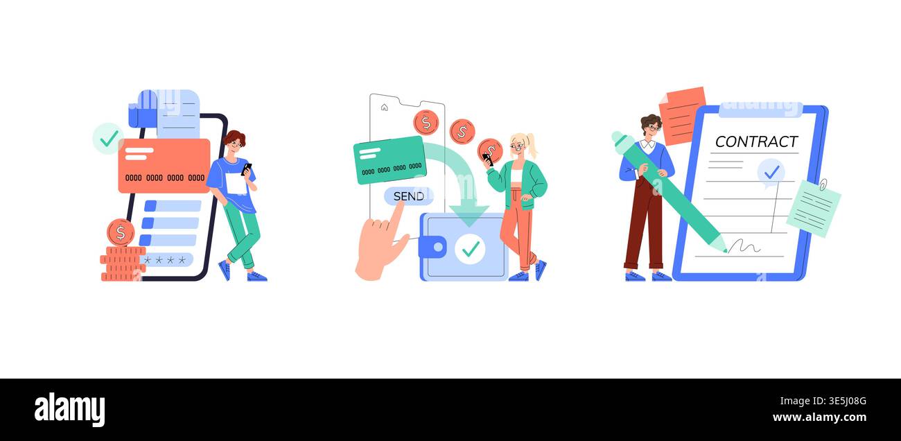 Illustration vectorielle représentant trois scènes : une personne vérifiant des transactions financières, un paiement mobile et la signature de contrat. Souligne les aspects de la finance numérique et de la documentation. Illustration de Vecteur