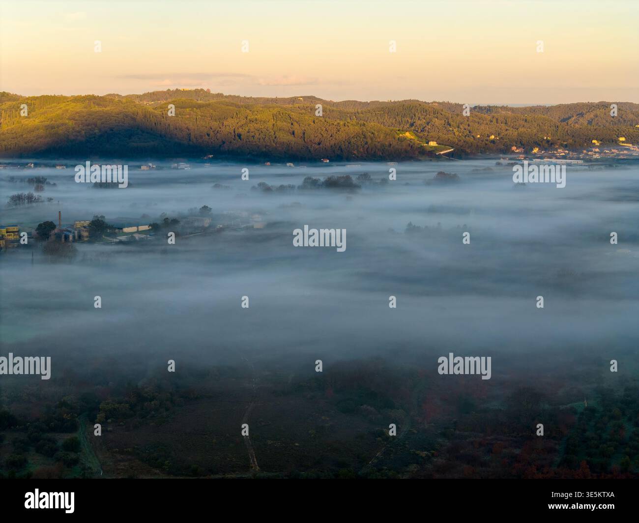 Vue panoramique de drone d'une épaisse brume matinale roulant à travers une vallée de campagne verdoyante au lever du soleil dans le nord de Corfou, en Grèce Banque D'Images