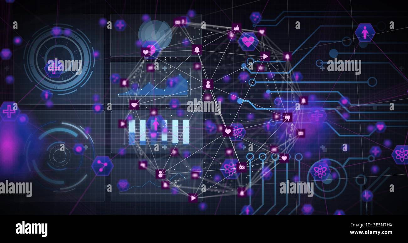 Affichage d'un globe filaire semi-transparent pulsé dans le tableau de bord virtuel, avec des icônes de nœud lumineuses Banque D'Images