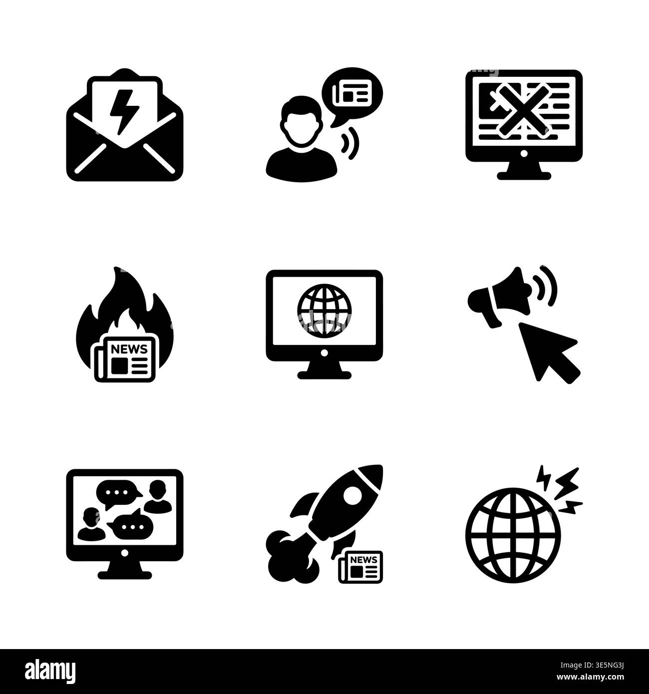 Ensemble d'icônes d'actualités et de médias en noir et blanc Illustration de Vecteur