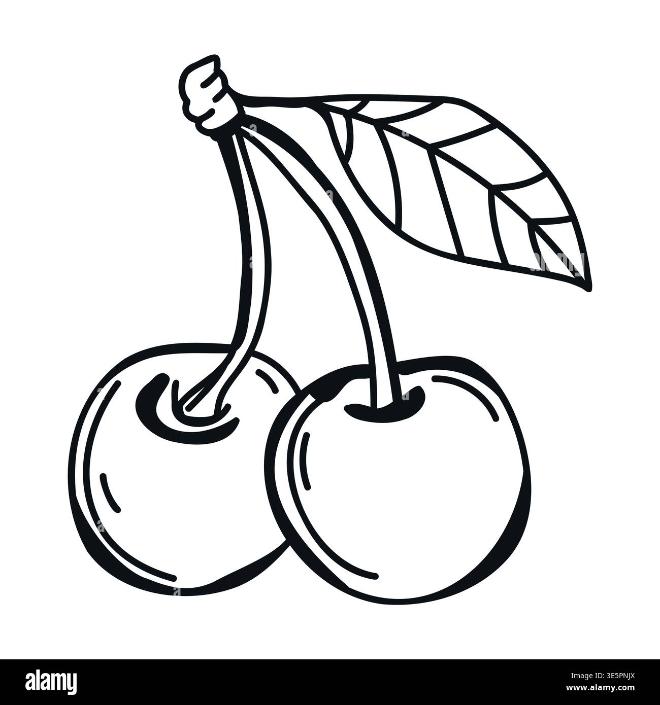 Illustration de deux cerises reliées par une tige avec une feuille verte, avec un dessin simple noir et blanc adapté à divers graphiques Illustration de Vecteur