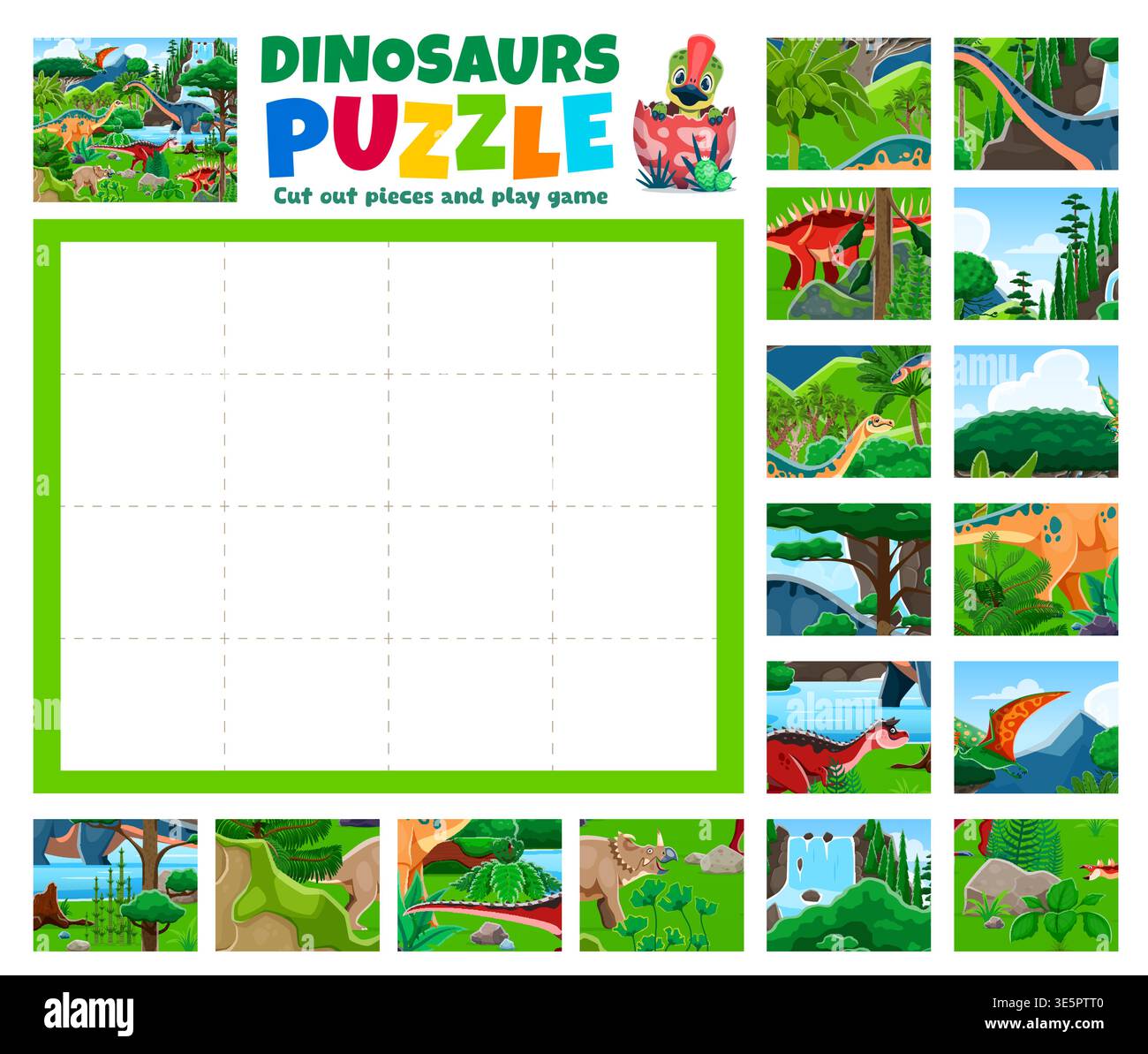 Puzzle animaux avec dinosaures préhistoriques, jeu de logique pour enfants. Feuille de travail de vecteur de puzzle pour enfants avec Shunosaurus, Apatosaurus, Carnotaurus et Kentrosaurus dinosaures animaux paysage de jungle Illustration de Vecteur