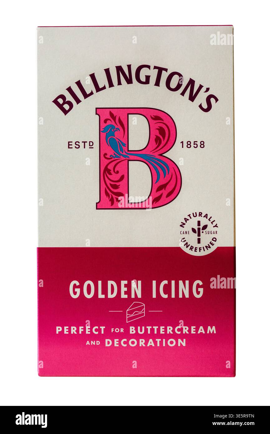 Billington's Golden Icing sucre de canne naturellement non raffiné parfait pour la crème au beurre et la décoration isolé sur fond blanc Banque D'Images