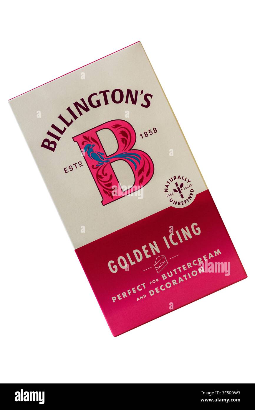 Billington's Golden Icing sucre de canne naturellement non raffiné parfait pour la crème au beurre et la décoration isolé sur fond blanc Banque D'Images