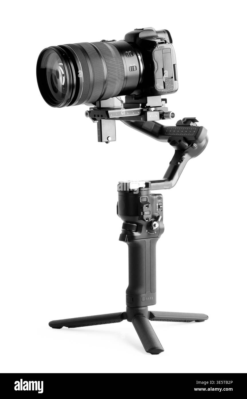 Stabilisateur de cardan avec caméra isolée sur blanc Banque D'Images