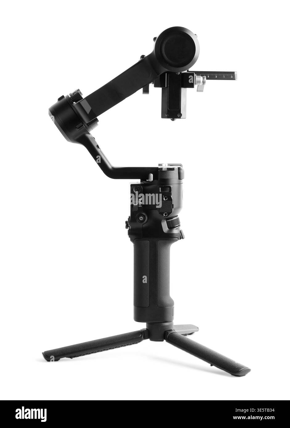 Stabilisateur de cardan isolé sur blanc. Équipement de tournage professionnel Banque D'Images