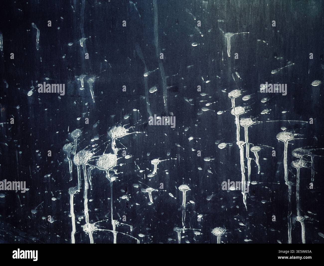 Texture abstraite de peinture blanche éclaboussée ou de gouttelettes d'eau sur une surface noire foncée altérée par les intempéries Banque D'Images