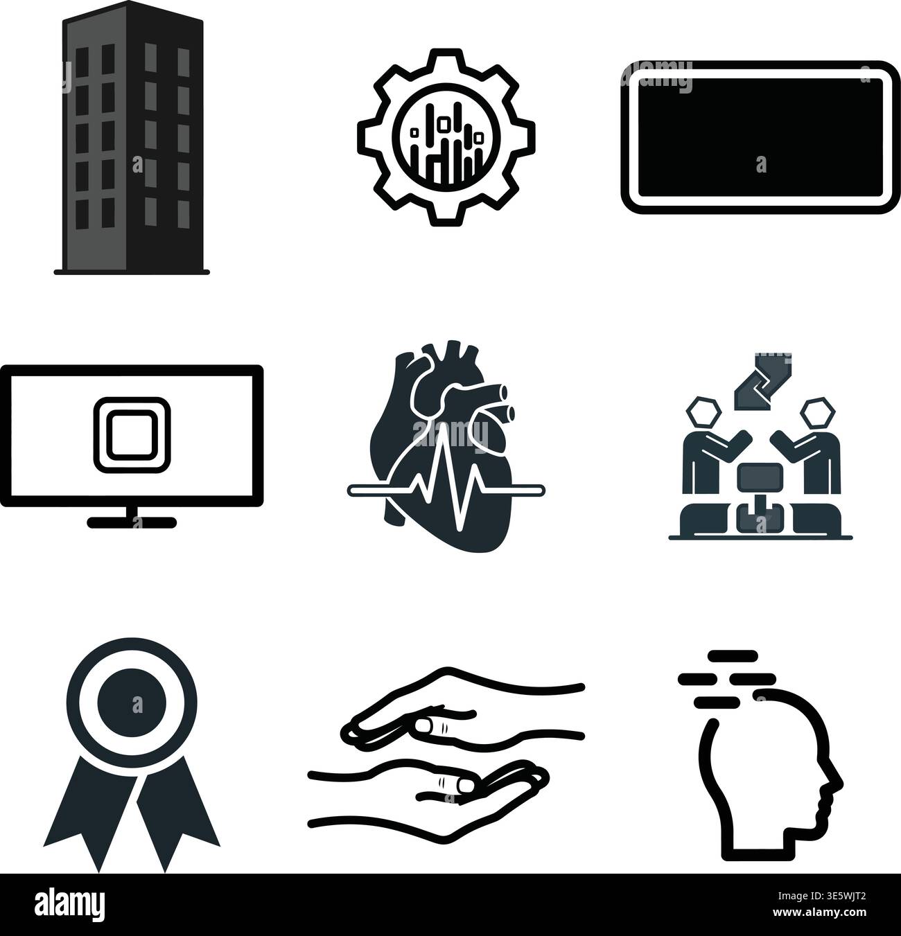 Collection d'icônes représentant différents concepts tels que la santé, la technologie, le travail d'équipe et la collaboration. Illustration de Vecteur
