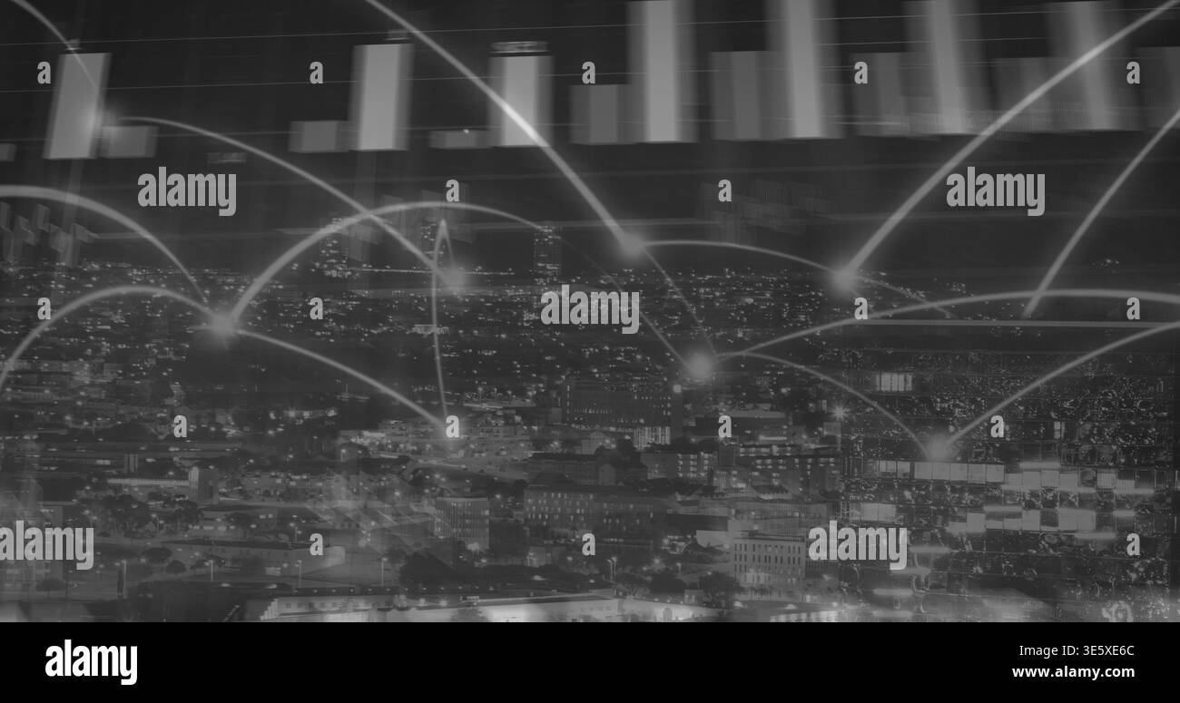 Gratte-ciel lumineux de la ville montrant des fenêtres éclairées, des nœuds lumineux, des pistes de données d'arc et des barres supérieures la nuit Banque D'Images