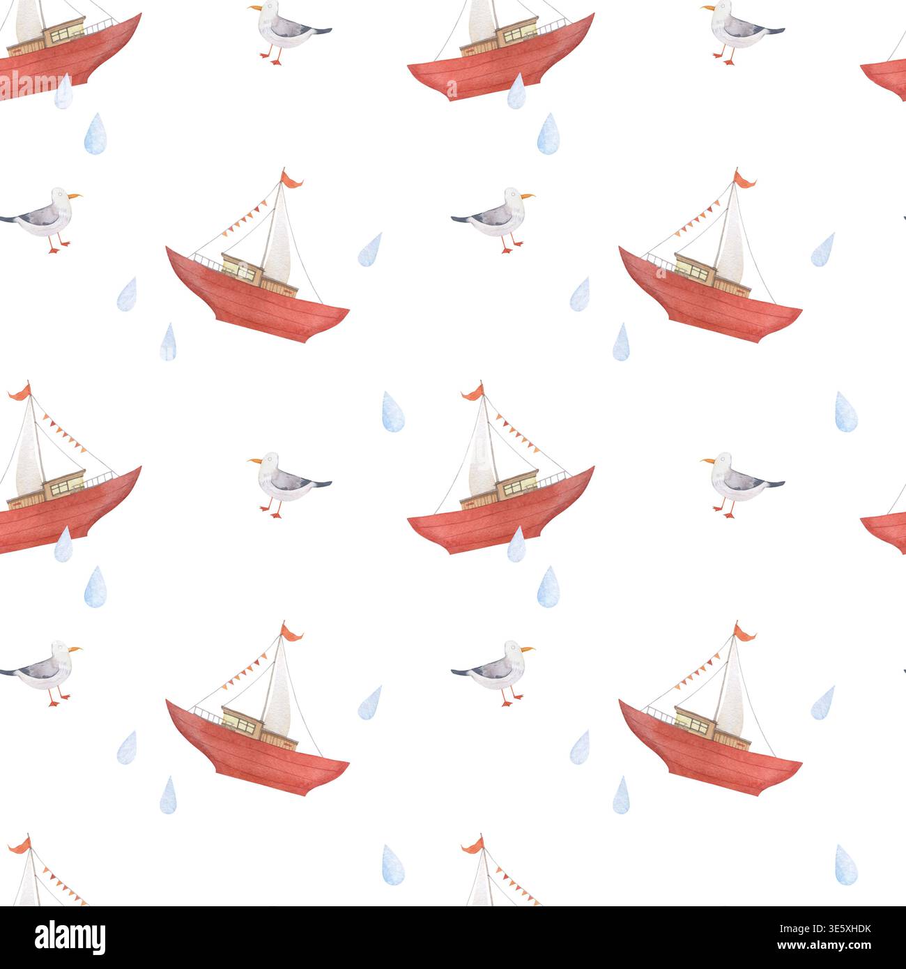 Motif aquarelle sans couture avec voilier rouge et mouette Banque D'Images