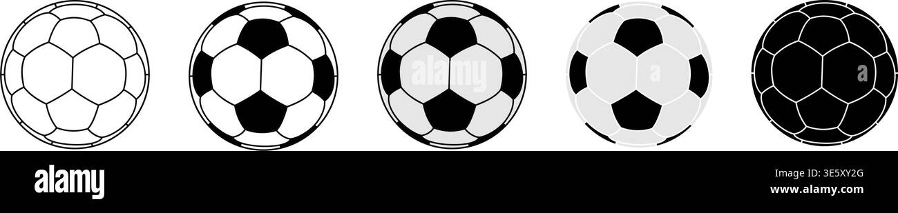 Un ensemble polyvalent et très détaillé d'icônes vectorielles de ballon de football classique parfaitement rondes, méticuleusement conçues en cinq styles graphiques distincts pour les projets de conception professionnels. Cette collection de haute qualité comprend des contours épurés, du noir et blanc classique, des designs plats modernes et des silhouettes noires Unies. La conception comporte un panneau hexagonal central proéminent spécialement optimisé comme espace réservé vide, fournissant la toile parfaite pour insérer facilement une typographie personnalisée, des noms d'équipe ou des logos d'entreprise. Idéal pour la marque sportive, les affiches d'événements sportifs, les emblèmes de club, les éléments UI UX et les marchandises Illustration de Vecteur