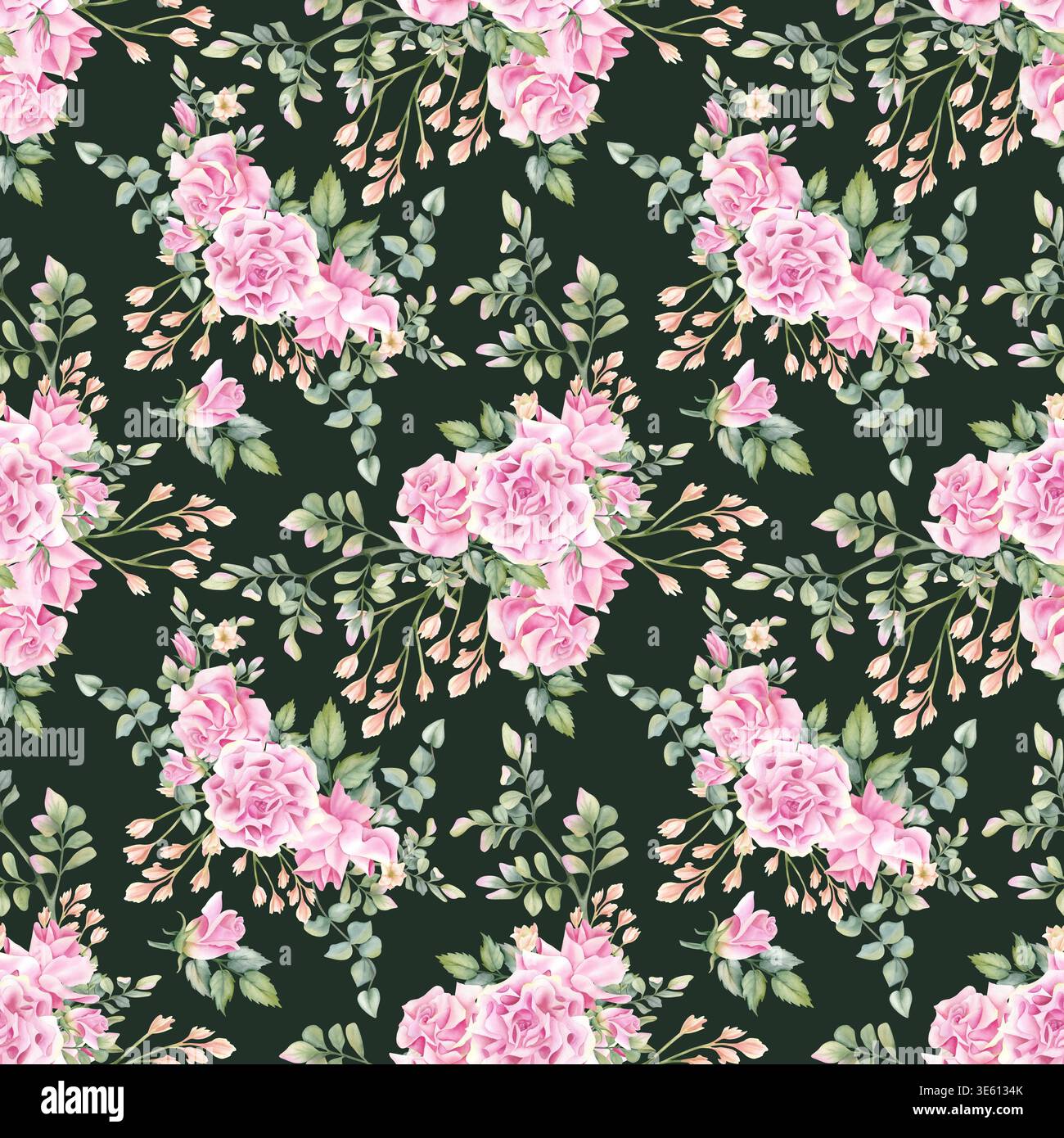 Rose roses motif sans couture sur fond vert foncé. Belle élégance florale fleurs aquarelle, freesia, feuilles. Illustration botanique d'été pour Banque D'Images